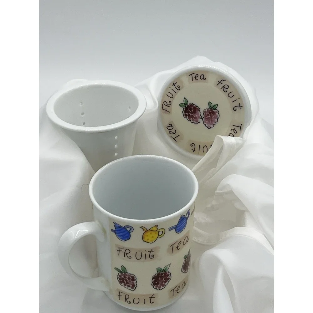 Vintage Ceramic Fruit Tea Mug with Lid Hand Painted Blackberry & Teapot Motif